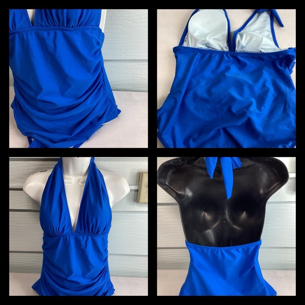 Royal blue halter top one piece swimsuit. - Picture 4 of 4
